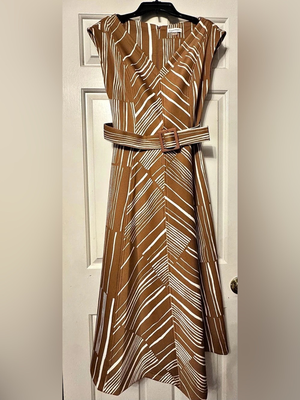 Calvin Klein Stripe Belted V-Neck Midi Dress Brown & White Size 6